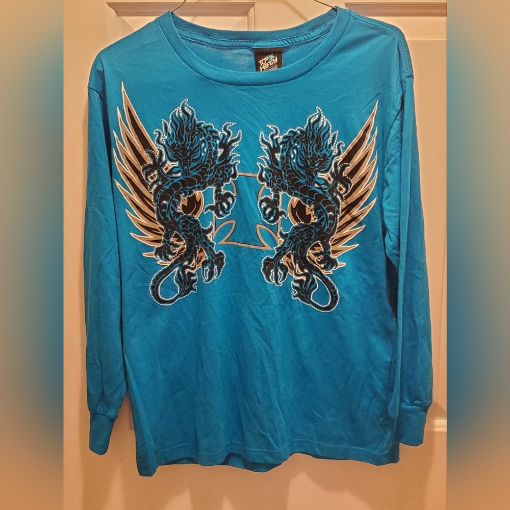 Boy's Large Turquoise Double Dragon Long Sleeve Shirt